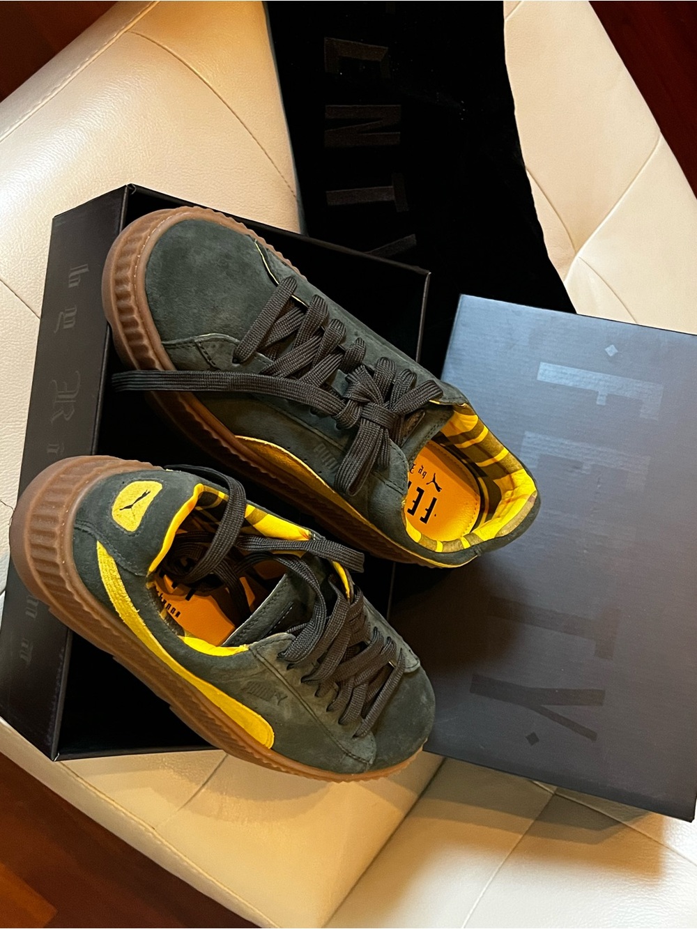 Women’s Suede Creepers Fenty by Rhianna in Olive Green with Yellow Accents